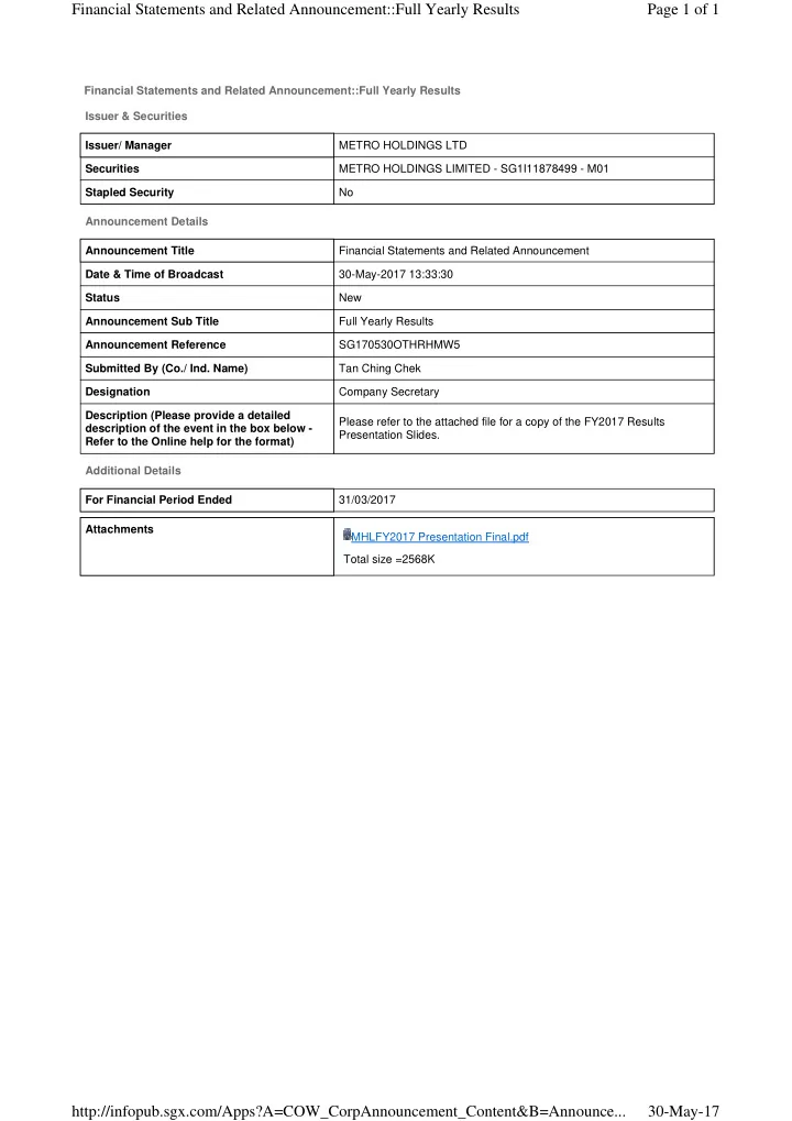 financial statements and related announcement full yearly