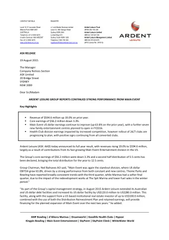 ASX RELEASE 19 August 2015 The Manager Company Notices Section ASX Limited 20 Bridge Street SYDNEY
