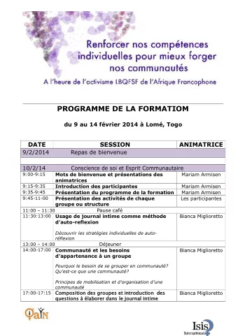 PROGRAMME DE LA FORMATIOM  du 9 au 14 fvrier 2014  Lom, Togo  DATE  SESSION  ANIMATRICE