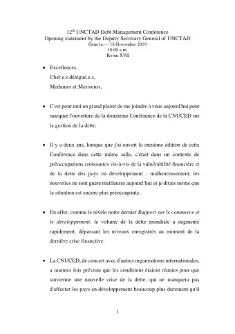 12 th UNCTAD Debt Management Conference Opening statement by the Deputy Secretary General of UNCTAD