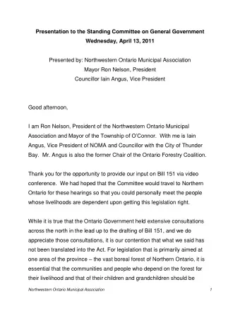 Presentation to the Standing Committee on General Government  Wednesday, April 13, 2011  Presented