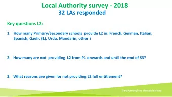Local Authority survey - 2018  32 LAs responded  Key questions L2:  1. How many Primary/Secondary