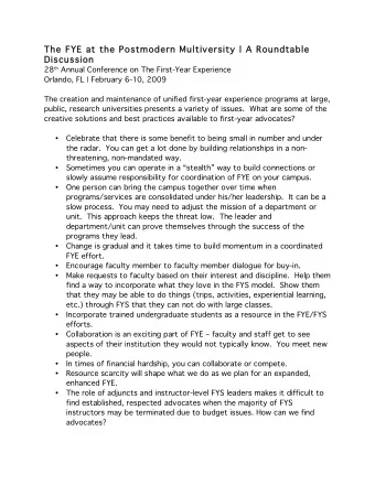 The FYE at the Postmodern Multiversity | A Roundtable  Discussion 28 th Annual Conference on The