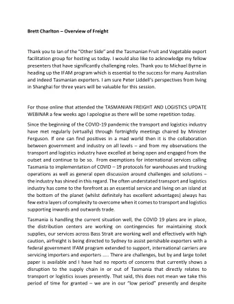 Brett Charlton  Overview of Freight Thank you to Ian of the Other Side and the Tasmanian