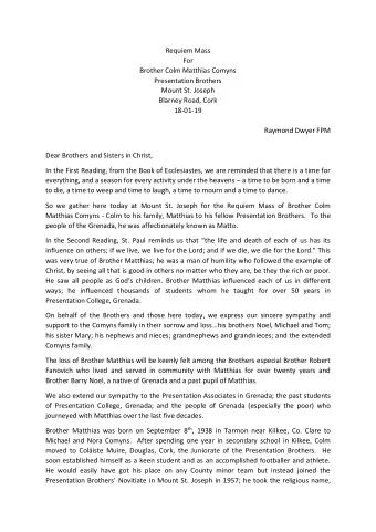 Requiem Mass  For  Brother Colm Matthias Comyns  Presentation Brothers  Mount St. Joseph  Blarney