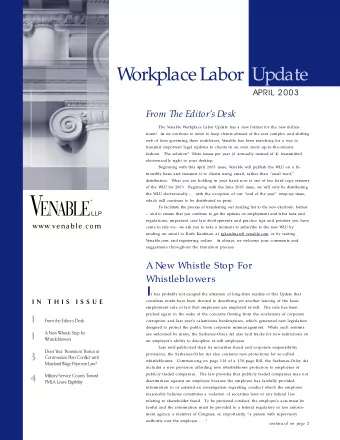 W  orkplace Labor  Update  APRIL  2003  From The Editors Desk  The V  enable Workplace Labor