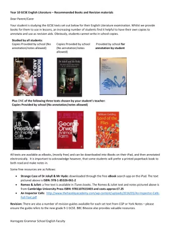 Year 10 GCSE English Literature  Recommended Books and Revision materials  Dear Parent/Carer