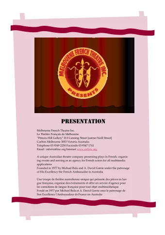 PRESENTATION Melbourne French Theatre Inc. Le Thtre Franais de Melbourne  Princes Hill
