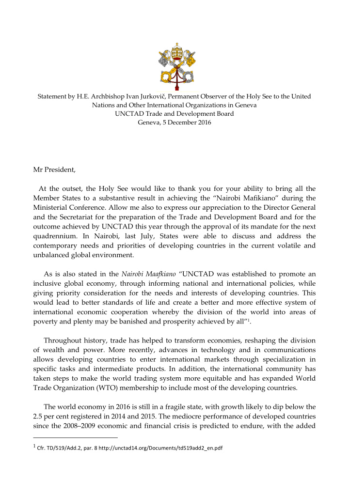 statement by h e archbishop ivan jurkovi permanent
