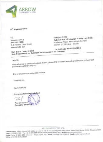 ARROW  LTD  GREENTECH  2019  November  zr&quot;  (CRD)  Manager Ltd. (NSE)  To  of India  Exchange
