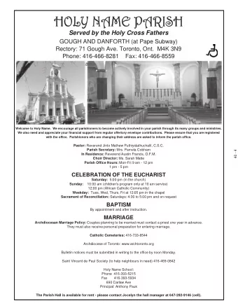 HOLY NAME PARISH  HOLY NAME PARISH  Served by the Holy Cross Fathers  GOUGH AND DANFORTH (at Pape