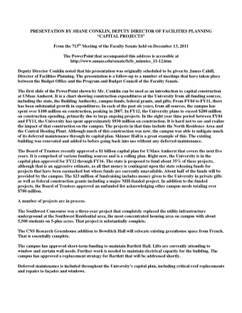 PRESENTATION BY SHANE CONKLIN, DEPUTY DIRECTOR OF FACILITIES PLANNING  CAPITAL PROJECTS From