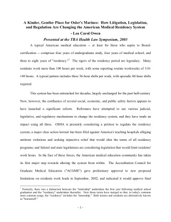 A Kinder, Gentler Place for Osler's Marines:  How Litigation, Legislation,  and Regulation Are