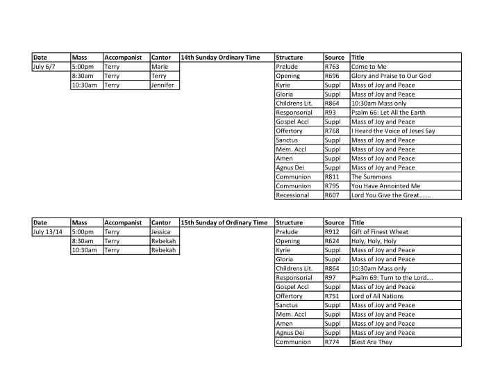 date mass accompanist cantor 14th sunday ordinary time