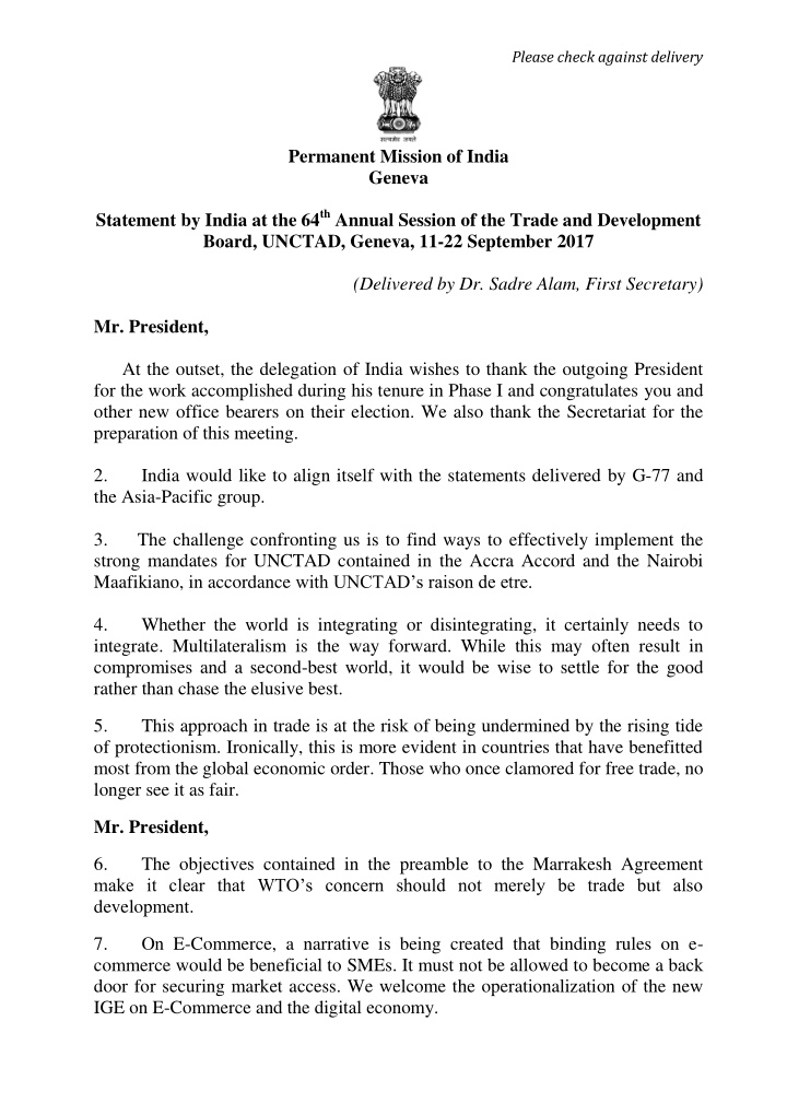 permanent mission of india geneva statement by india at