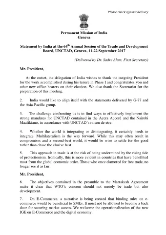 Permanent Mission of India  Geneva Statement by India at the 64 th Annual Session of the Trade and