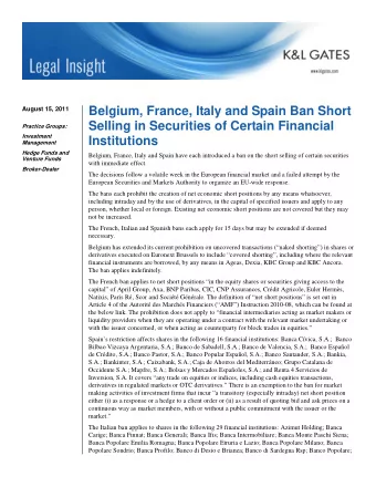 Belgium, France, Italy and Spain Ban Short  August 15, 2011  Selling in Securities of Certain