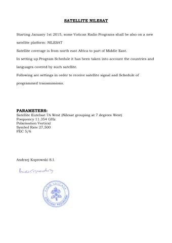 SATELLITE NILESAT  Starting January 1st 2015, some Vatican Radio Programs shall be also on a new