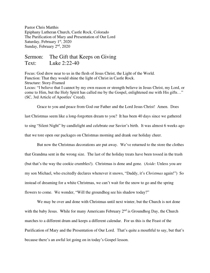 sermon the gift that keeps on giving text luke 2 22 40