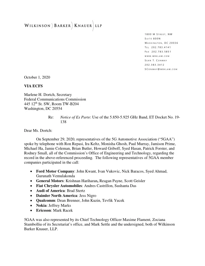 october 1 2020 via ecfs marlene h dortch secretary