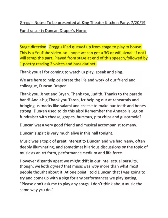 Greggs Notes: To be presented at King Theater Kitchen Party, 7/20/19  Fund raiser in Duncan