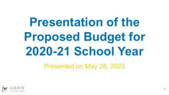 Presentation of the  Proposed Budget for  2020-21 School Year  Presented on May 28, 2020  1