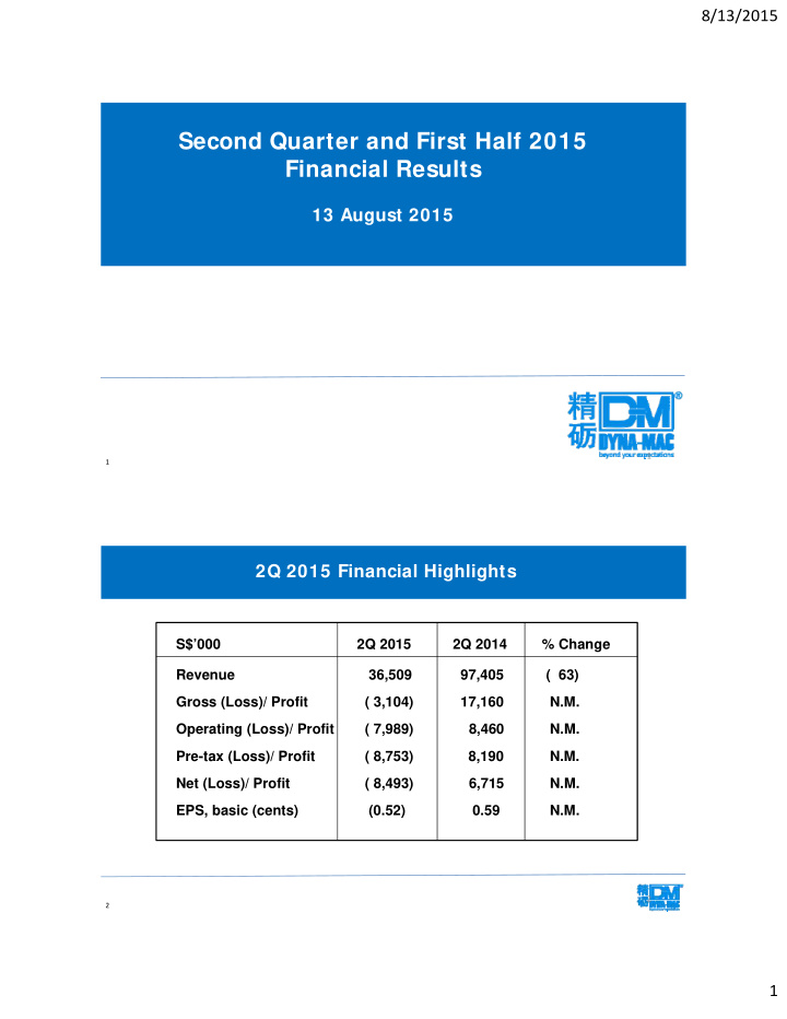 second quarter and first half 2015 financial results