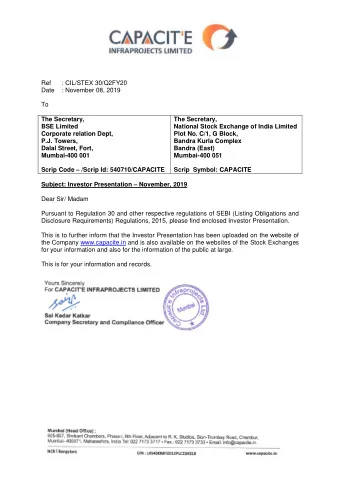 Ref  : CIL/STEX 30/Q2FY20  Date  : November 08, 2019  To  The Secretary,  The Secretary,  BSE