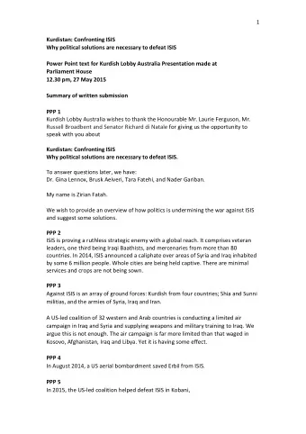 1  Kurdistan: Confronting ISIS  Why political solutions are necessary to defeat ISIS  Power Point