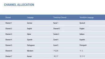 CHANNEL ALLOCATION  Channel  Language  Translation Channel  Translation Language  Channel 1  German