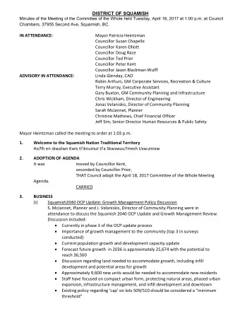 DISTRICT OF SQUAMISH  Minutes of the Meeting of the Committee of the Whole held Tuesday, April 18,