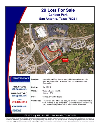 29 Lots For Sale  Carlson Park  San Antonio, Texas 78251  SITE  Location:  Located in NW San
