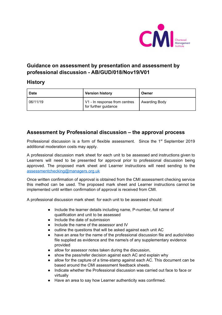 guidance on assessment by presentation and assessment by