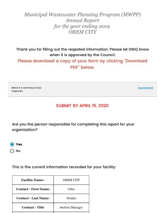 Municipal Wastewater Planning Program (MWPP)  Annual Report  for the year ending 2019  OREM CITY