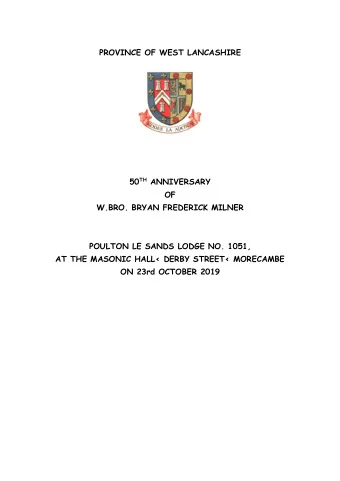PROVINCE OF WEST LANCASHIRE 50 TH ANNIVERSARY  OF  W.BRO. BRYAN FREDERICK MILNER  POULTON LE SANDS