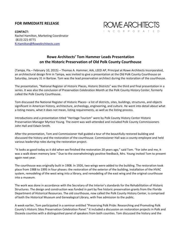 for immediate release contact rachel hamilton marketing