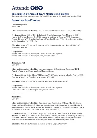 Presentation of proposed Board Members and auditors  The Nomination Committees proposal for Board