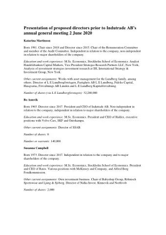 Presentation of proposed directors prior to Indutrade ABs  annual general meeting 2 June 2020