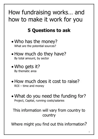 How fundraising works and  how to make it work for you  5 Questions to ask  Who has the