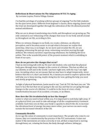 Reflections &amp; Observations On The Adaptation Of TCC To Aging  By Lorraine Lepine, Prairie