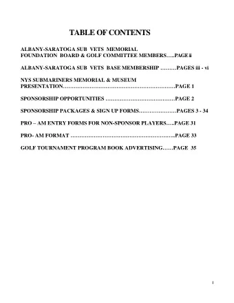 TABLE OF CONTENTS  ALBANY-SARATOGA SUB  VETS  MEMORIAL FOUNDATION  BOARD &amp; GOLF COMMITTEE