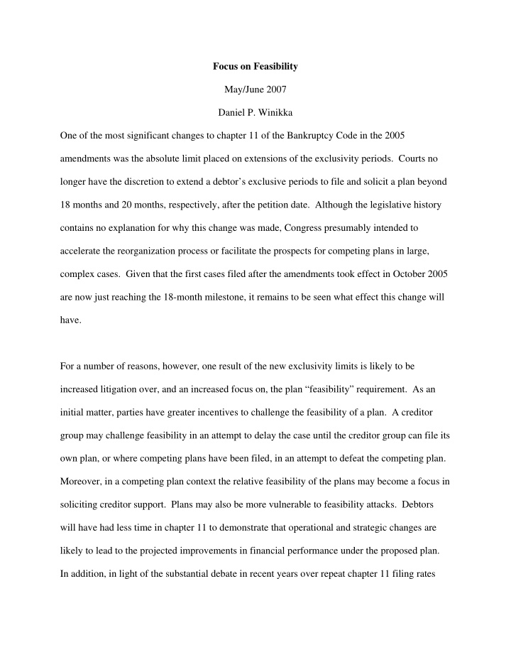 focus on feasibility may june 2007 daniel p winikka one