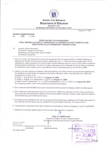 fl_w l&amp;ewHic ot 0e SDilfuilurs Delsrtment of @tucetion  REGIONVIII SCHOOI-S DTVISION OF BAYBAY