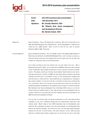 2014-2016 business plan presentation  Conference call and Q&amp;A  19th December 2013  Event: