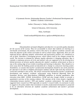 Running head: TEACHER' PROFESSIONAL DEVELOPMENT  1  A Systematic Review: Relationship Between
