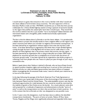 Statement of John S. Wotowicz  La Entrada al Pacifico Feasibility Study Public Meeting  Alpine,