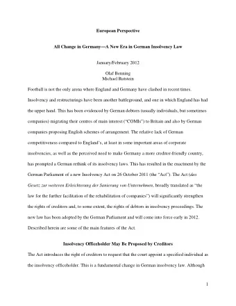 European Perspective  All Change in GermanyA New Era in German Insolvency Law  January/February