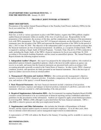 STAFF REPORT FOR CALENDAR ITEM NO.: 11 FOR THE MEETING OF: January 10, 2019  TRANSBAY JOINT POWERS