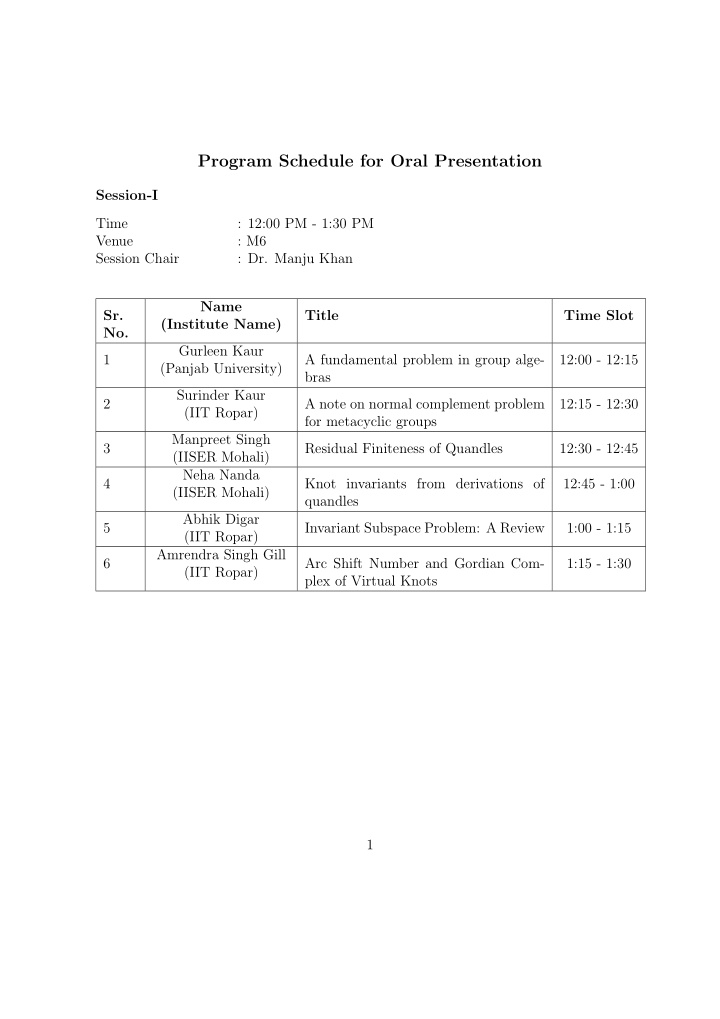 program schedule for oral presentation