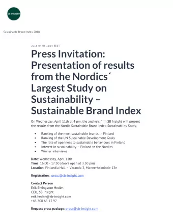 Press Invitation:  Presentation of results  from the Nordics  Largest Study on  Sustainability